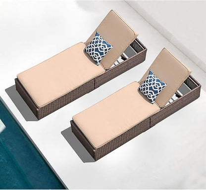 Patiorama Patio Chaise Lounge Chair, Sun Lounger, Outdoor Pool Beach Brown PE Rattan Wicker Reclining Chair W/Adjustable Backrest, Weather Cover, and Removable Cushion (Beige), Set of 2