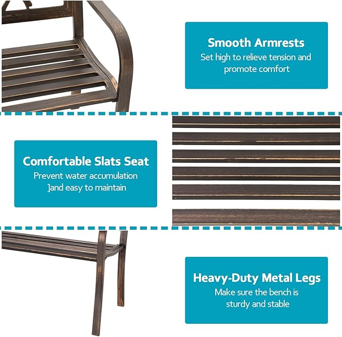 MFSTUDIO Outdoor Metal Bench Set of 2, 50" Outdoor Garden Bench, Patio Metal Frame Park Bench with Bird Pattern Backrest for Porch, Lawn, Deck, Bronze