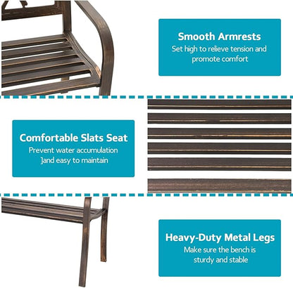 MFSTUDIO Outdoor Metal Bench Set of 2, 50" Outdoor Garden Bench, Patio Metal Frame Park Bench with Bird Pattern Backrest for Porch, Lawn, Deck, Bronze