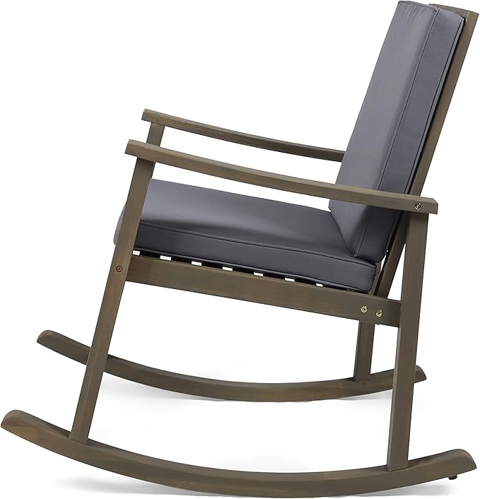 Outdoor Rocking Chair with Armrests and Cushions, Acacia Wood Structure, for Garden, Patio or Balcony, Dark Grey - Photo 6