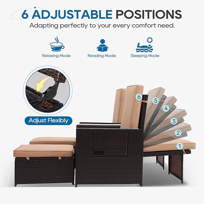 5PCS Outdoor Wicker Chaise Lounge Chair - Rattan Adjustable Reclining Patio Lounge Chair with Ottoman and Coffee Table, for Patio Beach Pool Backyard (Brown Wicker Khaki Cushion)
