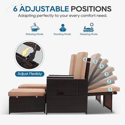 5PCS Outdoor Wicker Chaise Lounge Chair - Rattan Adjustable Reclining Patio Lounge Chair with Ottoman and Coffee Table, for Patio Beach Pool Backyard (Brown Wicker Khaki Cushion)