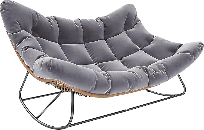 Outsunny Double Papasan Rocking Chair, Wicker Oversized Indoor Outdoor Rocking Chair with Cushion, PE Rattan Padded Outdoor Rocker Egg Chairs for Living Room, Garden, Patio, Balcony, Gray