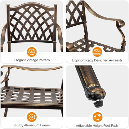 VINGLI Patio Chairs Set of 2 - Stackable Outdoor Cast Aluminum Dining Chairs with Vintage Bronze Finish and Diamond Pattern, Metal Armchairs for Poolside, Backyard, Balcony (with Cushion)