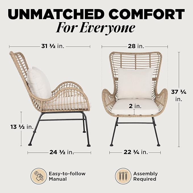 IDZO Isabelle Wicker Chairs Set of 2, 2000 Hours UV Wicker Rattan Chair, 500lbs Capacity Boho Patio Chairs with Thick Olefin Cushions and Pillows for Patio, Indoor Use