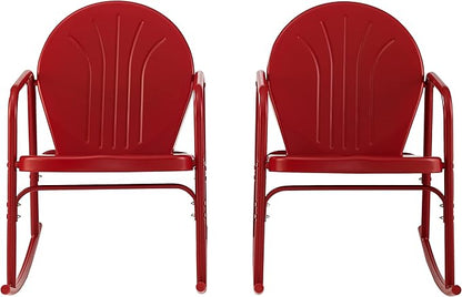Crosley Furniture Griffith Retro Metal Outdoor Rocking Chairs, Set of 2, for Porch, Deck, Balcony, Backyard, Bright Red Gloss