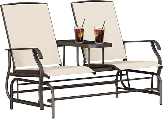 Yaheetech 2-Seat Outdoor Glider with Center Table, Patio Rocking Loveseat with Breathable Mesh Sturdy Metal Frame for Garden Pool Lawn, Beige