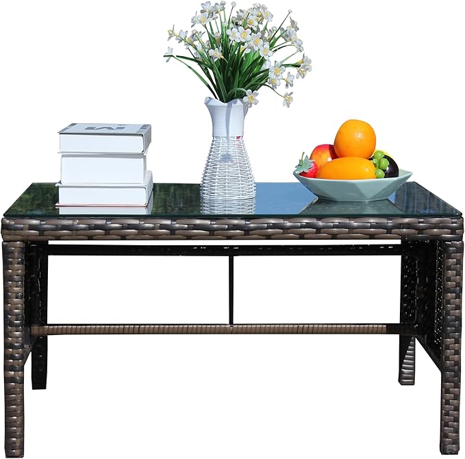 Brown Outdoor PE Wicker Coffee Table - Patio Rattan Side End Table with Glass Top
