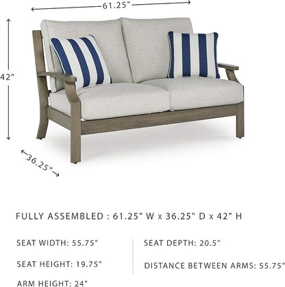 Signature Design by Ashley Rainier Ranch Casual Nuvella Weather Resistant Fabric Outdoor Loveseat with Cushion and 2 Accent Pillows, Light Brown & Light Gray