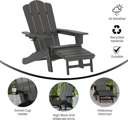 Flash Furniture Newport Poly Resin Adirondack Chair with Cup Holder and Pull Out Ottoman, All-Weather Poly Resin Indoor/Outdoor Lounge Chair, Gray