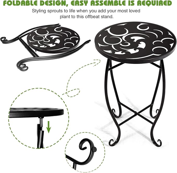 15 Inch Tall Metal Plant Stand Indoor Outdoor, Round Side Table with Swirl Pattern, Rust Resistant Iron Flower Pot Holder for Patio Garden Porch Living Room