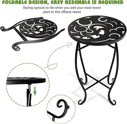 15 Inch Tall Metal Plant Stand Indoor Outdoor, Round Side Table with Swirl Pattern, Rust Resistant Iron Flower Pot Holder for Patio Garden Porch Living Room