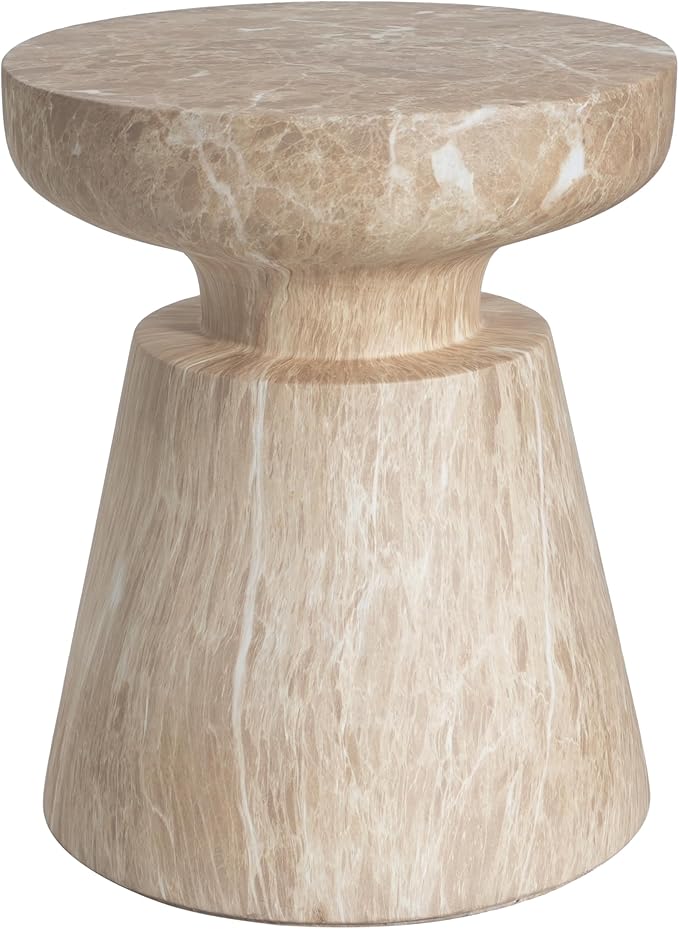 Christopher Knight Home Jayme 15"Lightweight Concrete End Table, Indoor Outdoor Accent Side Table, Travertine Round Tabletop, Easy Move, Decorative Garden Stool for Poolside Balcony Living Room, Gold