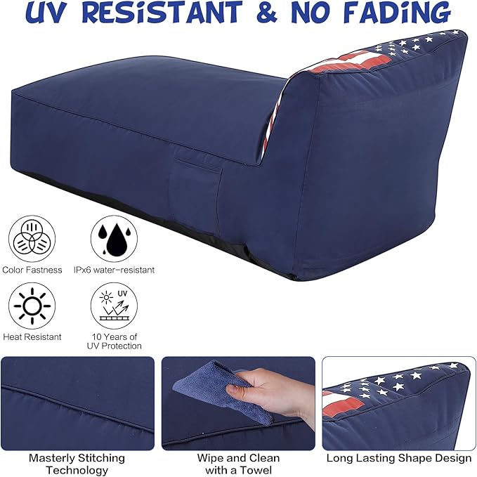 Outdoor Chaise Lounge Chair, Sunbed UV Resistant American Flag Sofa Couch Patio Waterproof Outside Sunlounge Reclining Sunbathing Bed Comfy Single Chaise Daybed for Garden, Pool, Beach, Navy Blue