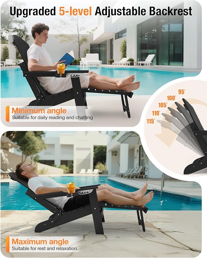YEFU Adjustable Adirondack Chair with Retractable Ottoman Set of 8,Folding Adirondack Chair with 2 Cup-Holders, Outdoor Chairs with Footrest,Weather Resistant Fire Pit Chairs,for Patio Lawn(Black)