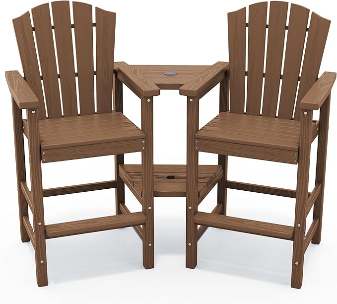 KINGYES Tall Adirondack Chair Set of 2, All-Weather HDPE Outdoor Adirondack Barstools with Removable Double Connecting Trays, Embossed Balcony Chair, High Airondack Chair with Wood Grain, Brown
