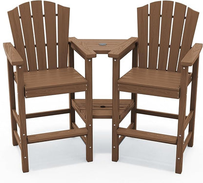 KINGYES Tall Adirondack Chair Set of 2, All-Weather HDPE Outdoor Adirondack Barstools with Removable Double Connecting Trays, Embossed Balcony Chair, High Airondack Chair with Wood Grain, Brown