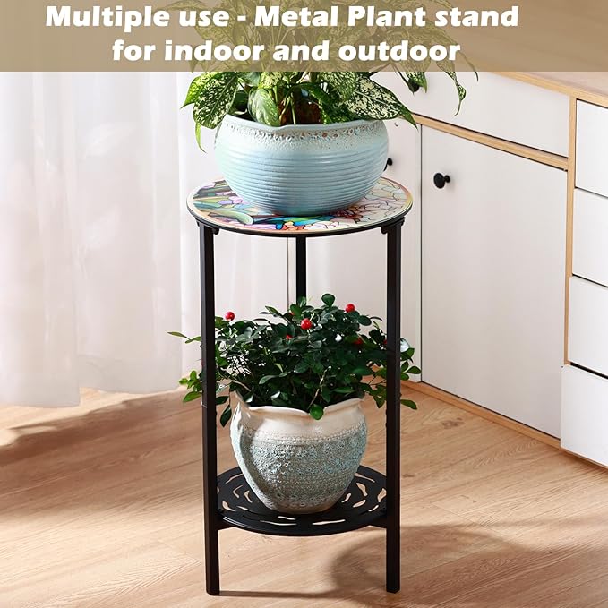 2-Tier Metal Round Side Table Black Accent Coffee Tables Small Space Corner Plant Stand Shelf for Indoor Outdoor Use - Photo 9