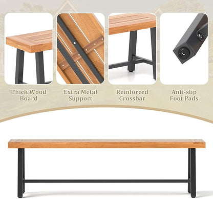 RELAX4LIFE 63’’ Outdoor Bench Acacia Wood - 3-Person Backless Patio Benches with Heavy Duty Metal Frame, Wooden Picnic Dining Garden Bench for Outside Backyard Park Porch, 800 LBS Weight Capacity (2)