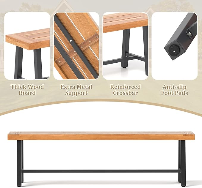 Tangkula 63 Inches Acacia Wood Outdoor Bench, 3-Person Patio Bench with 800 lbs Weight Capacity, Outdoor Backless Bench with Heavy-Duty Metal Frame for Garden, Porch and Backyard (1)