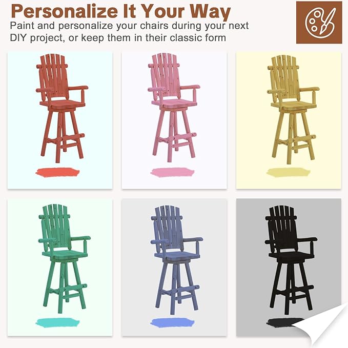 HOMEDIARY Solid Wood Swivel Adirondack Bar Chairs Set of 2, Outdoor Bar Height Barstools Chairs Set with High Back and Footrest, 29.9" High Top Chair for Deck Pub, 500 LBS Capacity, Natural