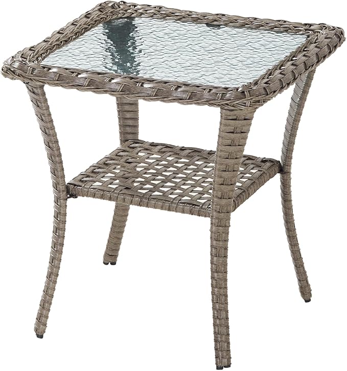 HUMMUH Patio Side Table Outdoor PE Wicker,Rattan End Table Glass Top Coffee Table with Storage Grey