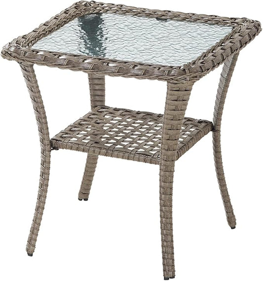 HUMMUH Patio Side Table Outdoor PE Wicker,Rattan End Table Glass Top Coffee Table with Storage Grey