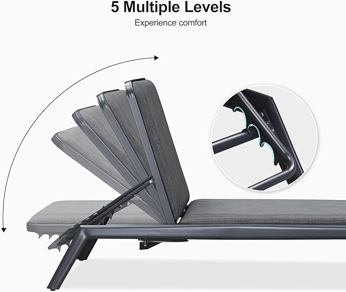 PURPLE LEAF Chaise Lounge Outdoor Chair with Cushion Aluminum Pool Side Sun Lounges Adjustable Reclining Patio Set Pack of 2 Dark Grey