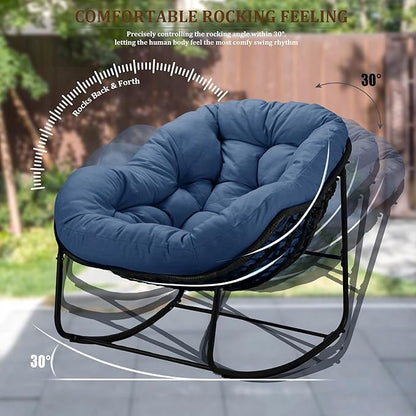Oversized Rocking Chair Outdoor, Rocking Papasan Chair, Patio Egg Chair with Padded Cushion, Outdoor Wicker Rocking Chair for Front Porch, Garden, Patio (Navy Blue)