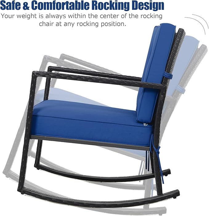 Tangkula Wicker Rocking Chair, Outdoor Glider Rattan Rocker Chair with Heavy-Duty Steel Frame, Patio Wicker Furniture Seat with 5” Thick Cushion for Garden, Porch, Backyard, Poolside (1, Blue)