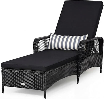Tangkula Wicker Chaise Lounge Outdoor, Patio Rattan Reclining Chaise with 6-Gear Adjustable Backrest, Thick Padded Cushion & Removable Lumbar Pillow, Pool Lounge Chairs (1, Black + Black)