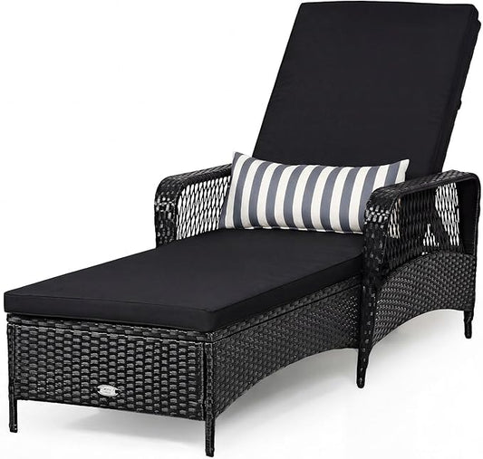 Tangkula Wicker Chaise Lounge Outdoor, Patio Rattan Reclining Chaise with 6-Gear Adjustable Backrest, Thick Padded Cushion & Removable Lumbar Pillow, Pool Lounge Chairs (1, Black + Black)