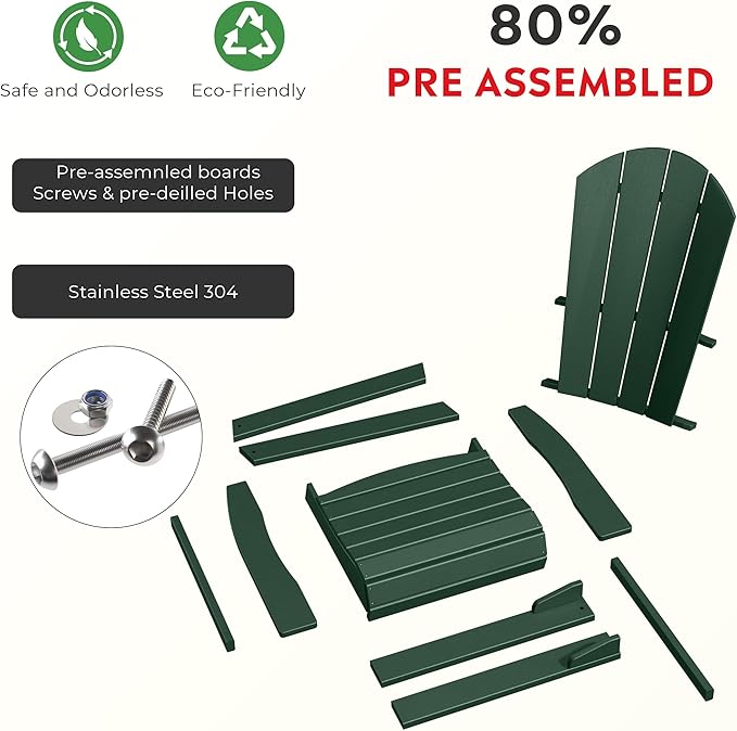 Costaelm Outdoor Fire Pit Chair, Patio hdpe Balcony Pool Adirondack Chair, Modern Front Porch Backyard Chair, Garden Resin Lounge Chair for Outside, Dark Green
