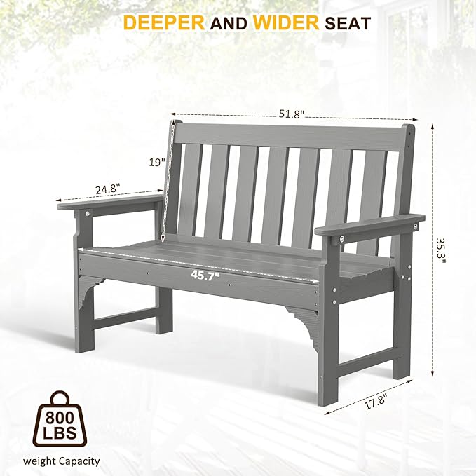 nalone Outdoor Bench, HDPE All Weather Patio Bench Load up to 800 Lbs, 2-Person Garden Bench Rot-Proof Fade Proof for Patio, Porch, and Park (Grey)