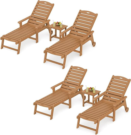 LUE BONA Outdoor Lounge Chair Set with Table,6-Piece, HDPS Chaise Lounge Outdoor with Wheel, 5 Positions Adjustable Pool Lounger Chairs for Outside, Patio, Teak Color