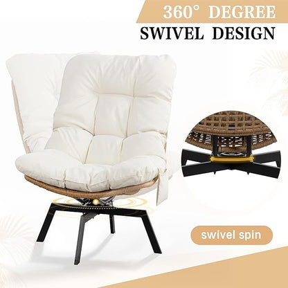 Vongrasig Swivel Wicker Chair PE Rattan Chair with Cushion, Oversized Patio Lounge Chair for Outdoor, Indoor, Balcony, Backyard, Garden, Living Room, Beige