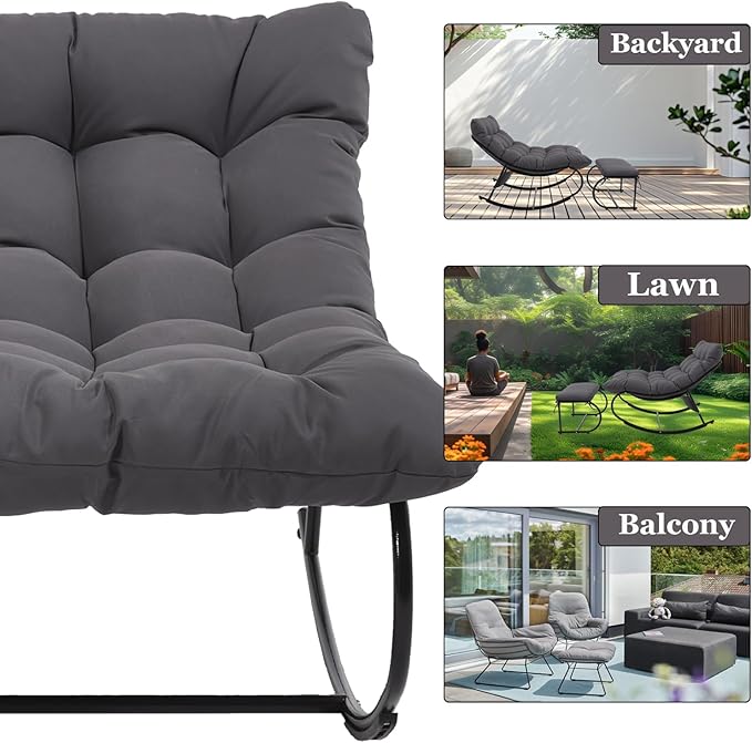 2 Piece Outdoor Rocking Chairs with Ottoman, Patio Oversized Rocking Egg Chair with Cushion, Papasan Chair Set of 2 for Outside, Outdoor Padded Chairs, Grey