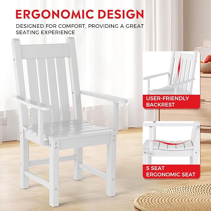 Costaelm Patio Dining Chairs, Plastic Outdoor Adirondack Chair with Arm, HDPE Poly Lumber, Waterproof Restaurant Bistro Dining Chair for Outside Porch Backyard Garden, White