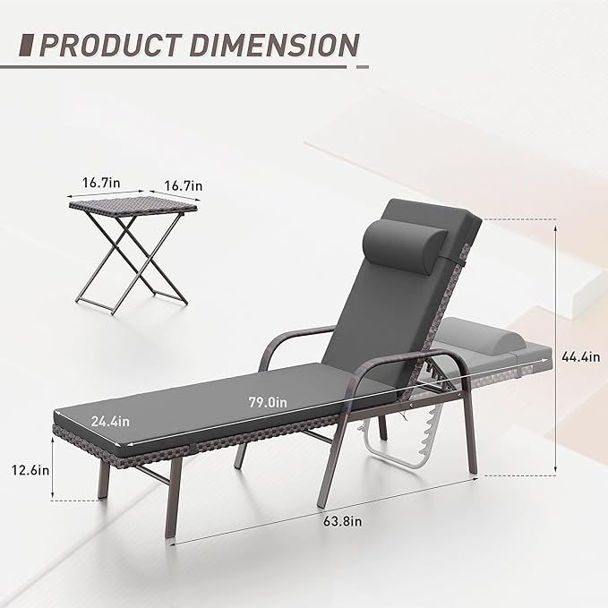 ALAULM 3 Pieces Outdoor Chaise Lounge Set Rattan Wicker Adjustable Pool Lounge Chair w/Folding Table,Patio Armrest Recliner for Beach, Poolside,Black