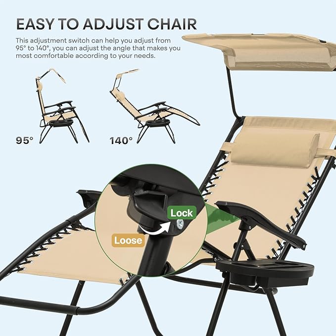 Athena Collection Folding Zero Gravity Chair with Canopy, Adjustable Lounge Chair Recliner, Outdoor Lawn Chair Camping Chairs Beach Chaise Chairs with Headrest & Cup Holder for Patio Pool, Cream