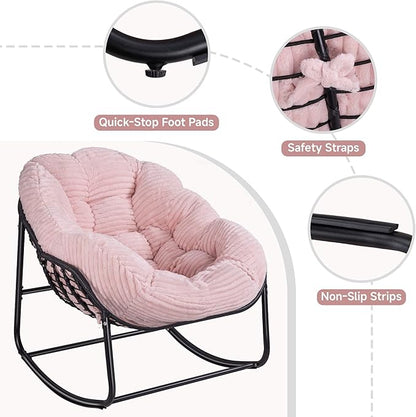 Indoor Rocking Chair, Oversized Outdoor Lounge Chair with Thick Corduroy Cushion & Straps, Wicker Modern Comfy Rocker Egg Chair for Living Room, Bedroom, Porch and Courtyard, Pink