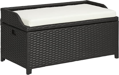Outsunny 38 Gallon Outdoor Wicker Storage Bench Deck Box, PE Rattan Patio Furniture Pool Storage Bin Container with Interior Waterproof Cloth Bag and Comfortable Cushion, White