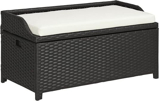 Outsunny 38 Gallon Outdoor Wicker Storage Bench Deck Box, PE Rattan Patio Furniture Pool Storage Bin Container with Interior Waterproof Cloth Bag and Comfortable Cushion, White