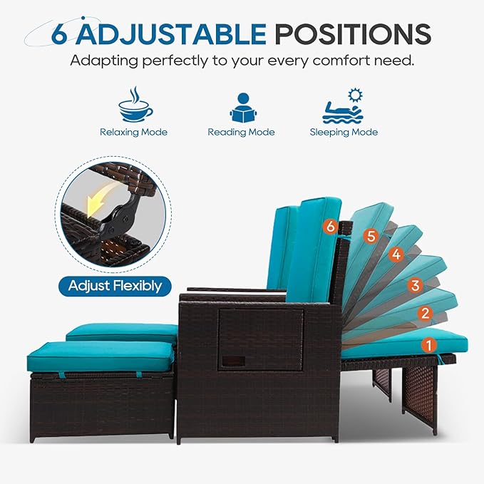 5PCS Outdoor Wicker Chaise Lounge Chair - Rattan Adjustable Reclining Patio Lounge Chair with Ottoman and Coffee Table, for Patio Beach Pool Backyard (Brown Wicker Turquoise Cushion)