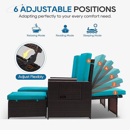 5PCS Outdoor Wicker Chaise Lounge Chair - Rattan Adjustable Reclining Patio Lounge Chair with Ottoman and Coffee Table, for Patio Beach Pool Backyard (Brown Wicker Turquoise Cushion)