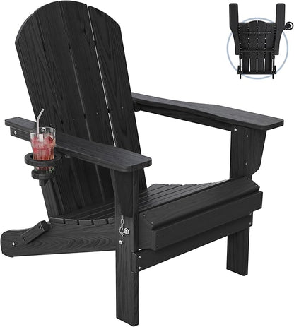 Outdoor Folding Adirondack Chair Set of 1 for Patio Fire Pit, Wooden Textured HDPE Adjustable Chairs with Cup Holder, Waterproof All Weather Resistant Plastic for Pool Lawn Garden Backyard(Black)