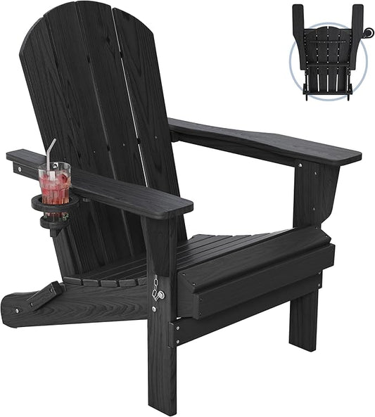 Outdoor Folding Adirondack Chair Set of 1 for Patio Fire Pit, Wooden Textured HDPE Adjustable Chairs with Cup Holder, Waterproof All Weather Resistant Plastic for Pool Lawn Garden Backyard(Black)