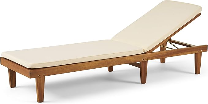 Great Deal Furniture Yvette Outdoor Acacia Wood Chaise Lounge and Cushion Set, Teak and Cream, 309788
