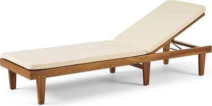 Great Deal Furniture Yvette Outdoor Acacia Wood Chaise Lounge and Cushion Set, Teak and Cream, 309788