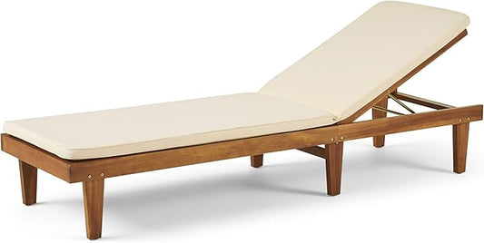 Great Deal Furniture Yvette Outdoor Acacia Wood Chaise Lounge and Cushion Set, Teak and Cream, 309788
